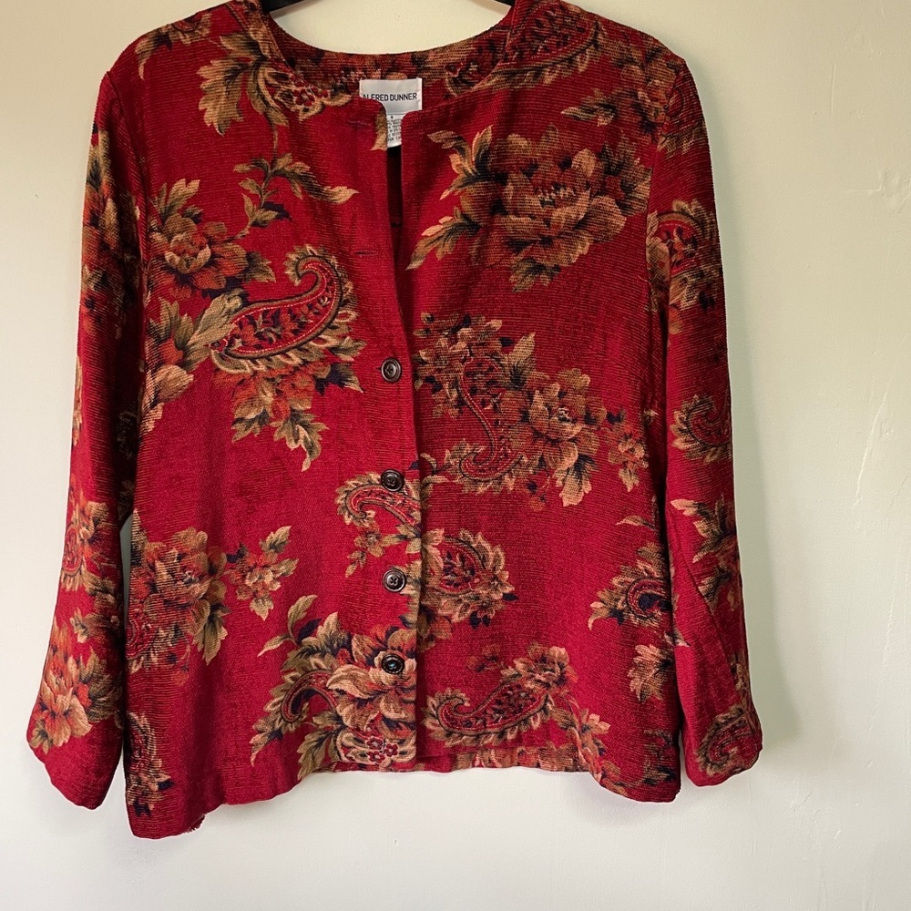 Alfred Dunner Red Floral‎ Paisley Tapestry Button Front Jacket Womens 8 Vintage